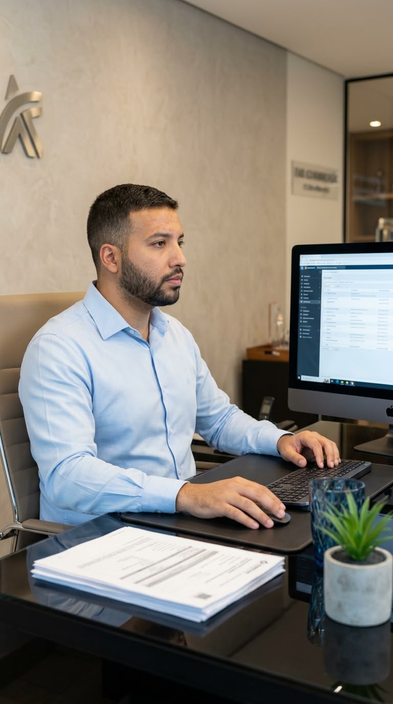 Profissional trabalhando com documentação e computador